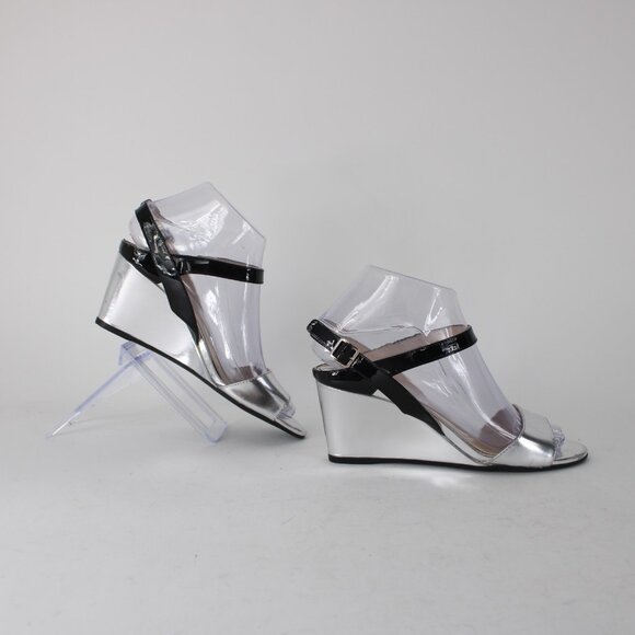 Prada Wedge Heel Sz 35.5 Silver Black Ankle Strap Adjustable Leather 2.5" Heel - Picture 6 of 12